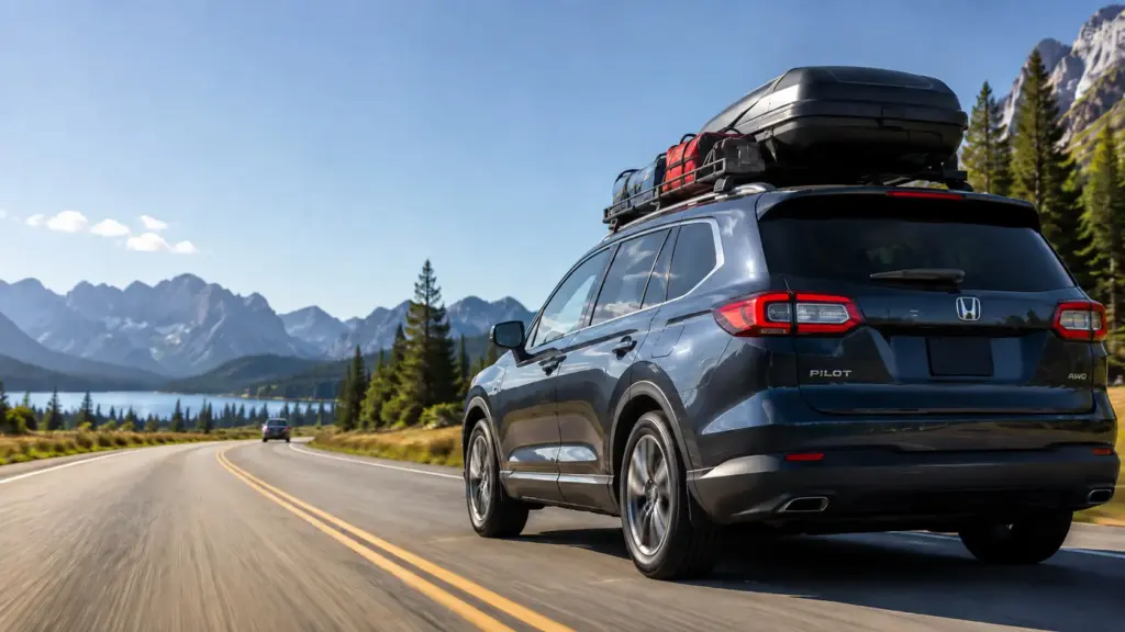 Rear three-quarter view of a blue Honda Pilot SUV with a roof cargo box and luggage on top, traveling a winding mountain road with a lake and jagged peaks in the background.