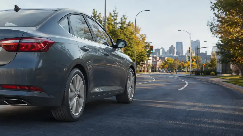Gray sedan viewed from the rear-left driving on a tree-lined urban street toward a city skyline in the distance.