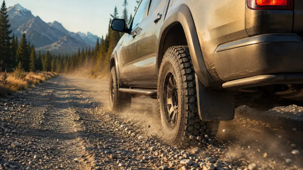 SUV driving on a dusty rocky dirt road through a forest with mountains in the distance, tail light visible on right side.