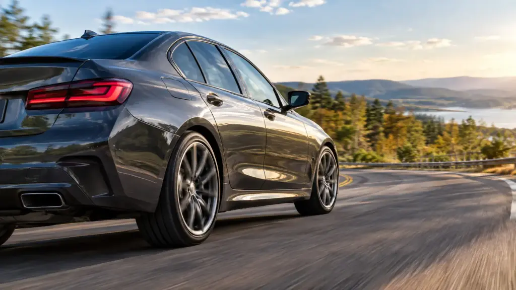 Rear three-quarter view of a dark gray luxury sedan taking a bend on a winding mountain road with a forest and lake in the distance