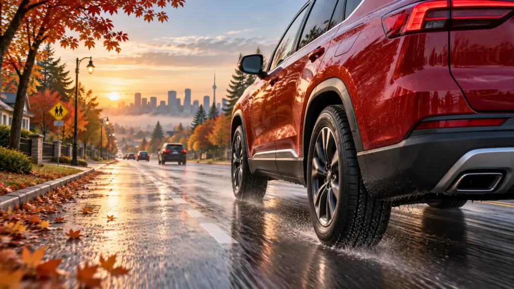 Red SUV driving on a wet autumn street with fallen orange leaves and a city skyline in the background at sunset.