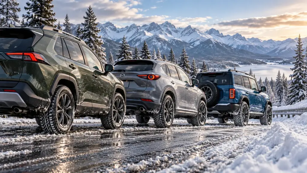 Lineup of four SUVs parked on a snow-covered mountain road with pine trees and snow-capped peaks in the background.
