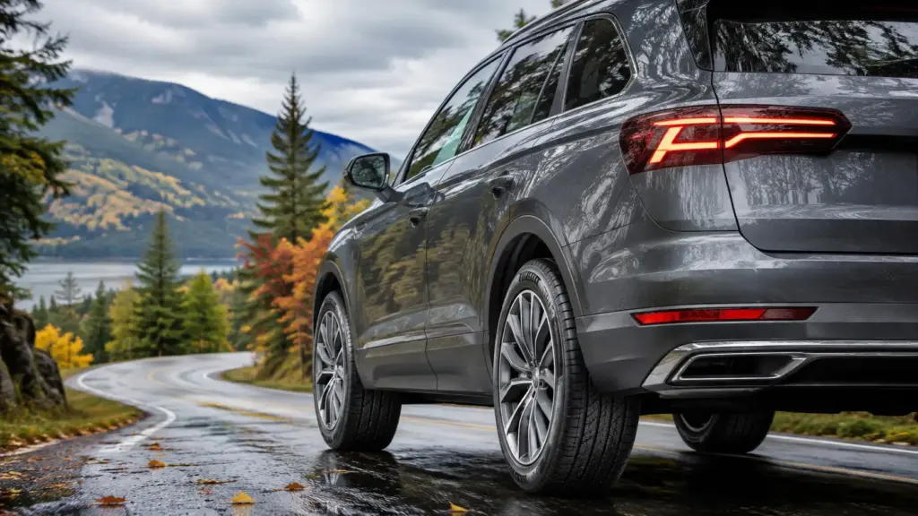 Rear three-quarter view of a gray SUV on a wet winding mountain road with autumn trees in the background