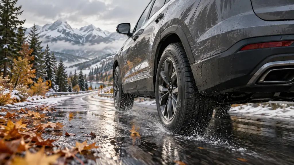 SUV driving through a wet, leaf-strewn mountain road with snow-capped peaks in the background at dusk/overcast light.