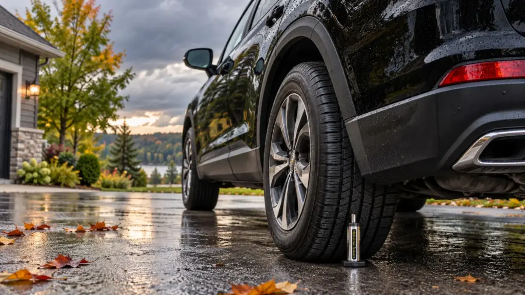 Black SUV on a wet driveway with autumn leaves; a portable air compressor sits by the rear tire.