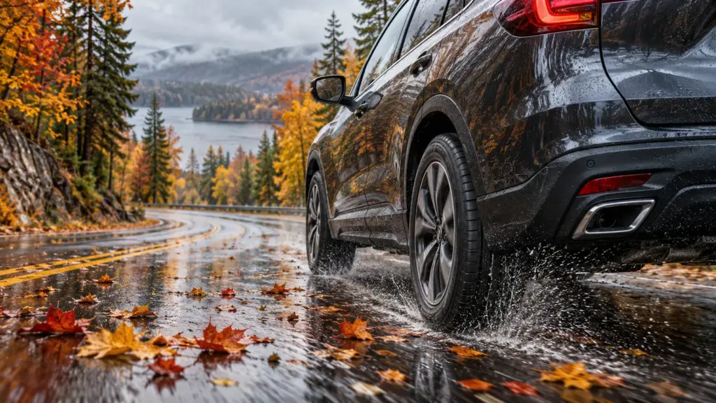 Dark SUV driving on a wet winding autumn road with orange and yellow trees and a lake in the background.