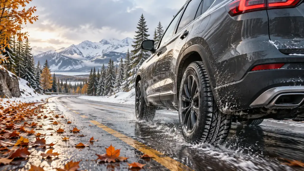 Black SUV driving along a wet, snow-dusted mountain road with autumn leaves on the shoulder and snow-covered trees in the background of towering peaks.
